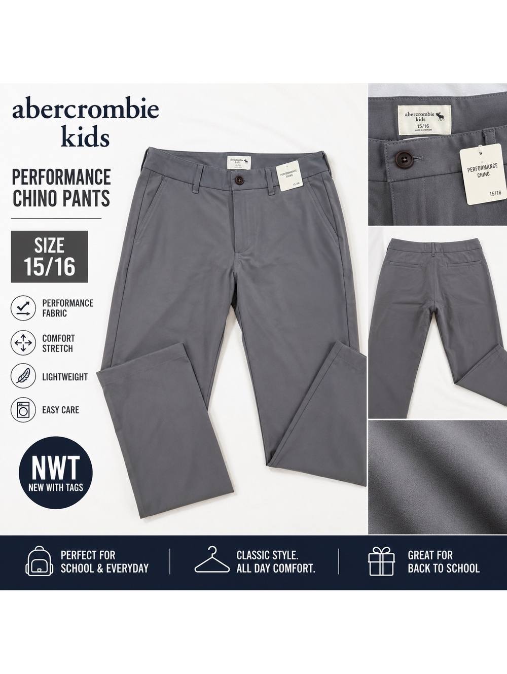 Abercrombie Kids Performance Chino Pants – Gray – NWT